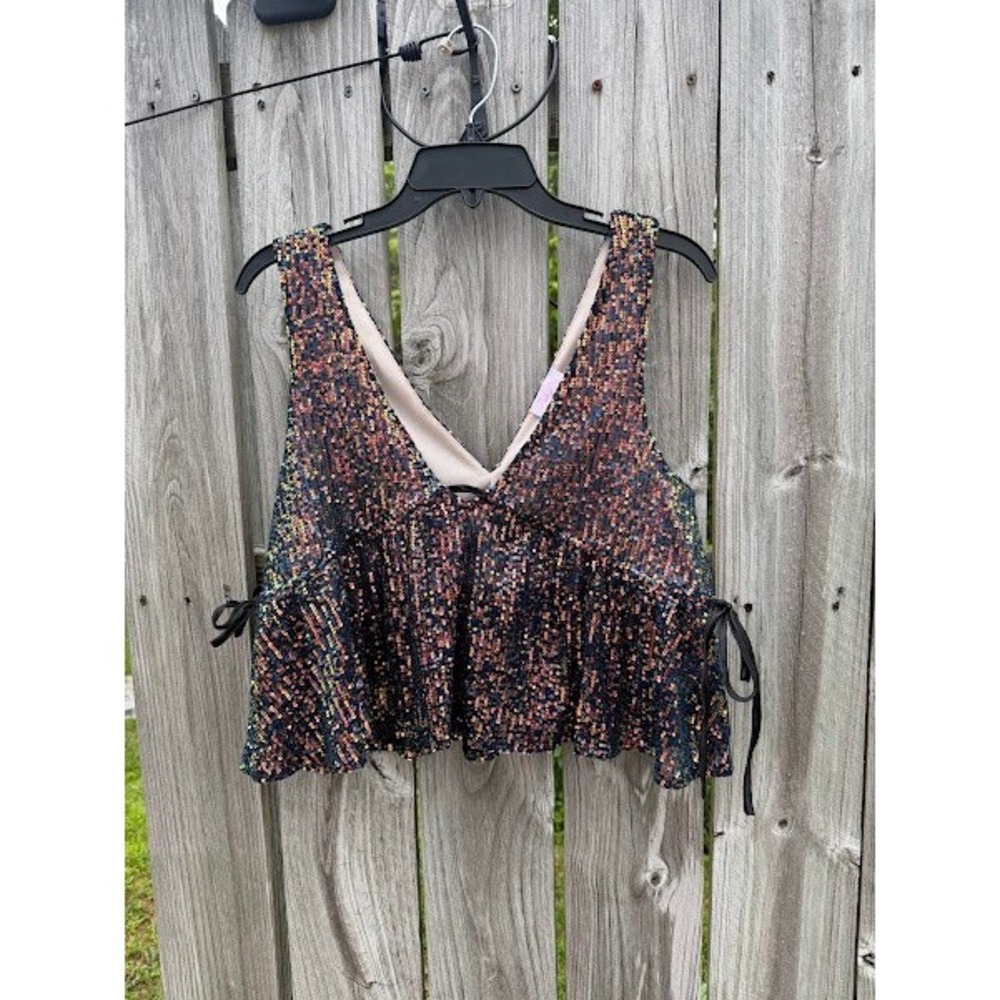 Sequin Iridescent Festival Pink Lily Crop Top‎ Womens Small Multi Color
